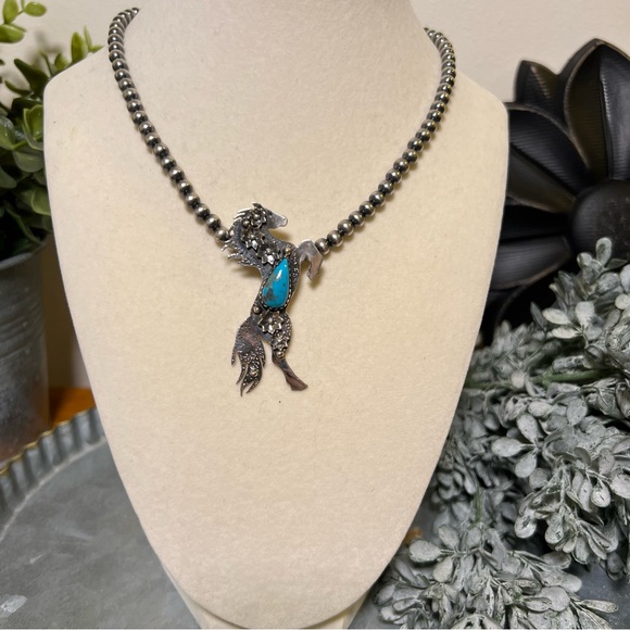 Sterling Silver Rearing Horse Turquoise Pendant Floral Southwestern - Picture 8 of 11